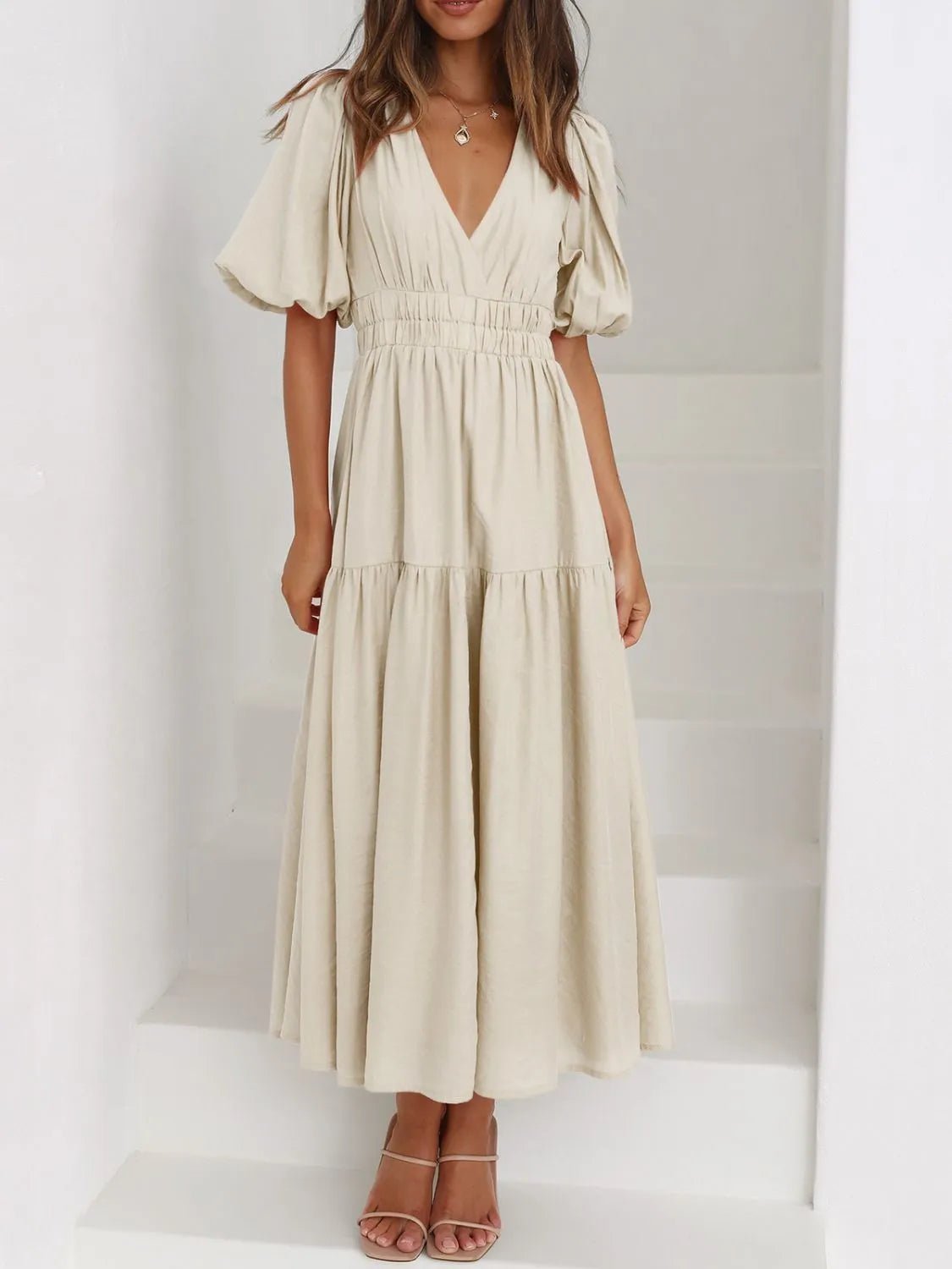 V - Neck Puff Sleeve Midi Dress - Ramm Clothing Ink