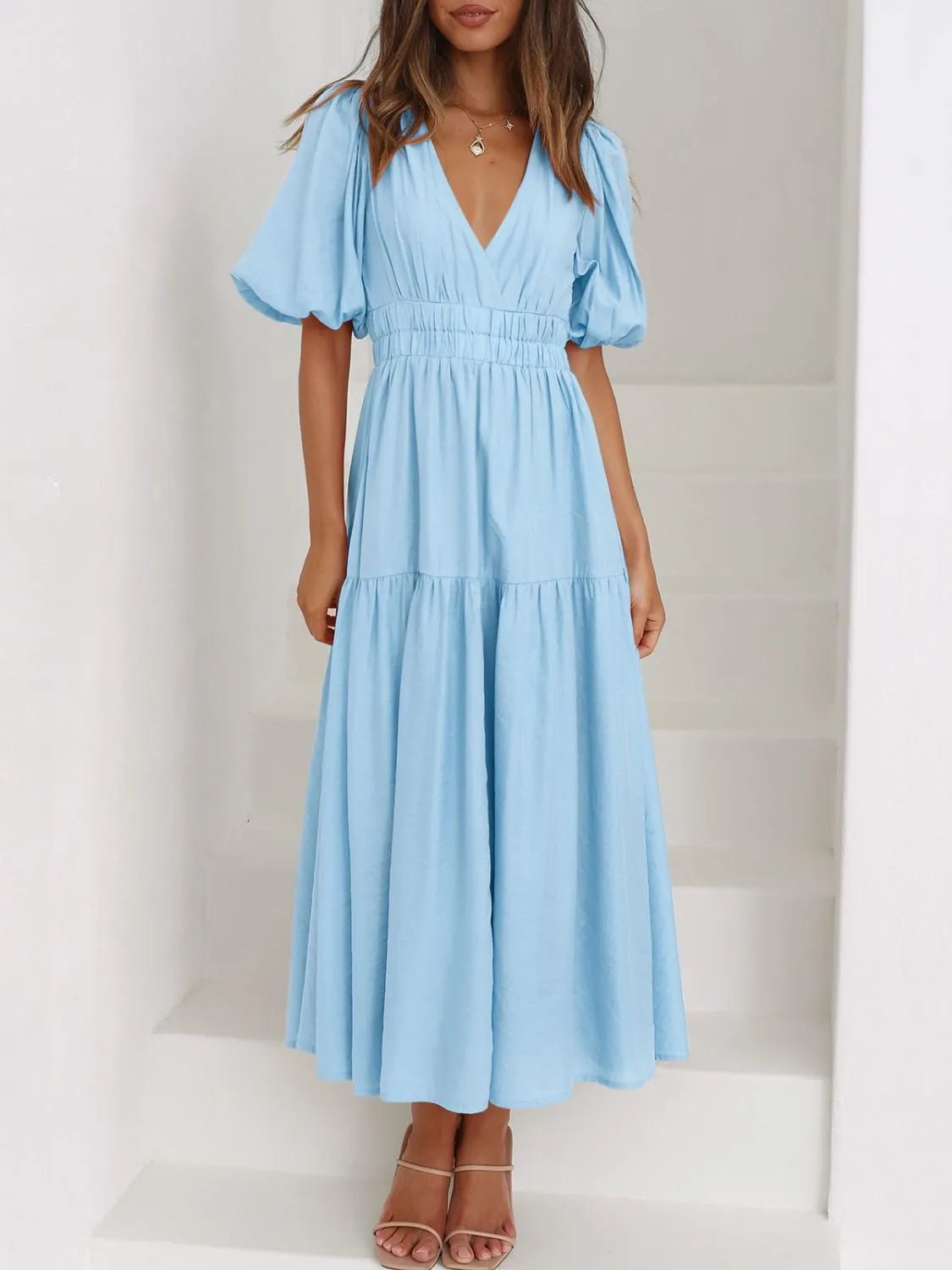 V - Neck Puff Sleeve Midi Dress - Ramm Clothing Ink