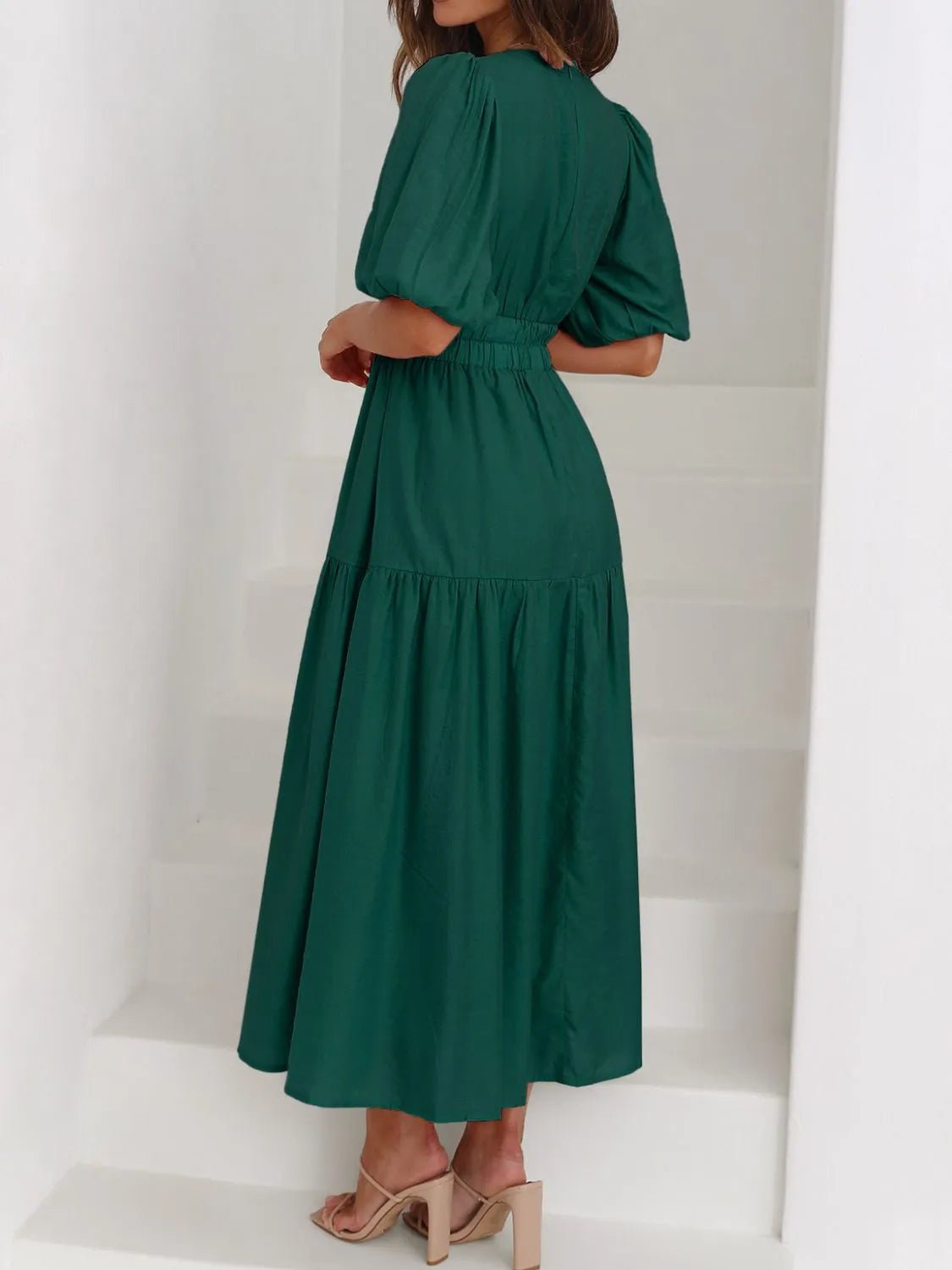 V - Neck Puff Sleeve Midi Dress - Ramm Clothing Ink
