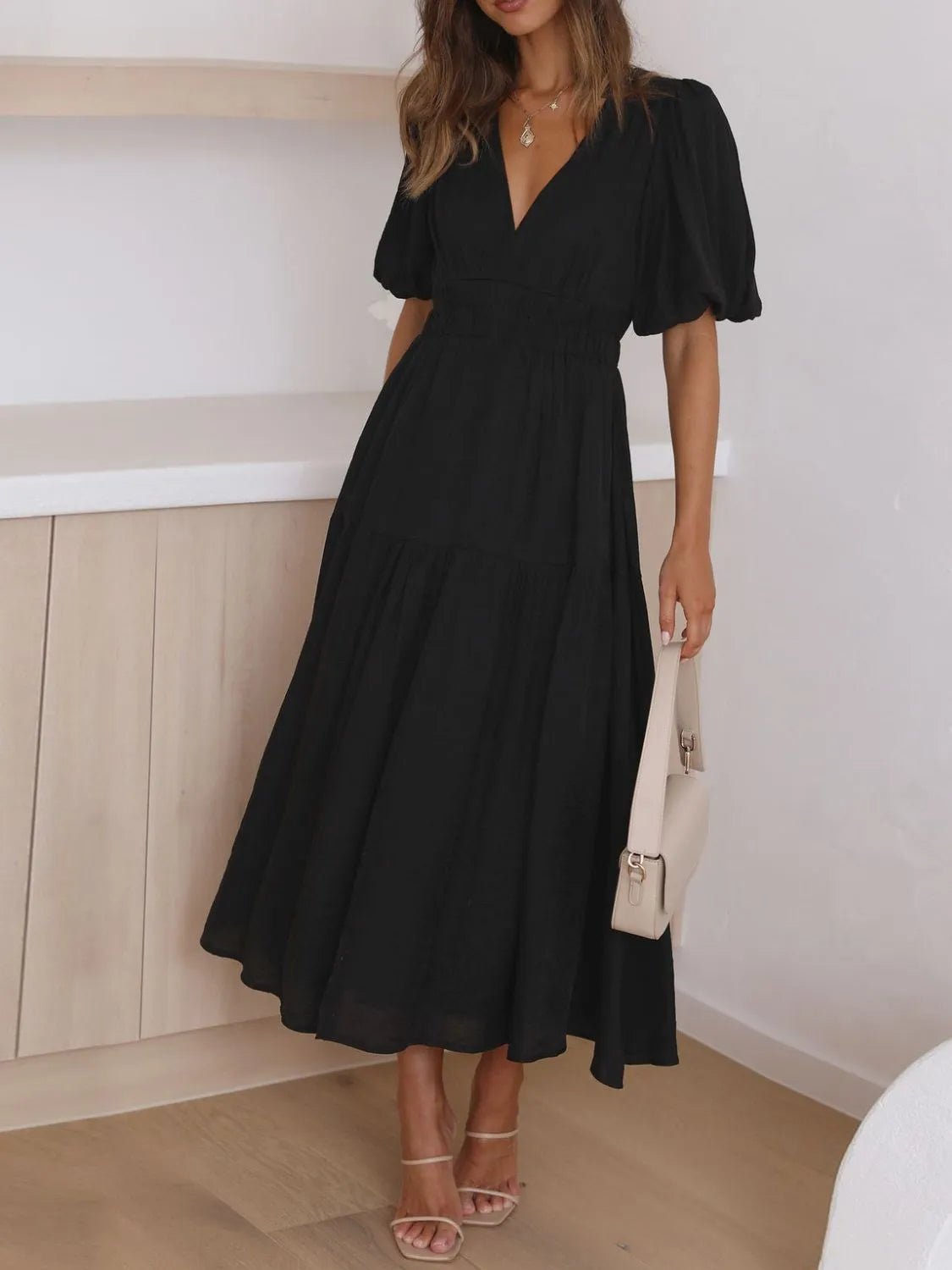V - Neck Puff Sleeve Midi Dress - Ramm Clothing Ink