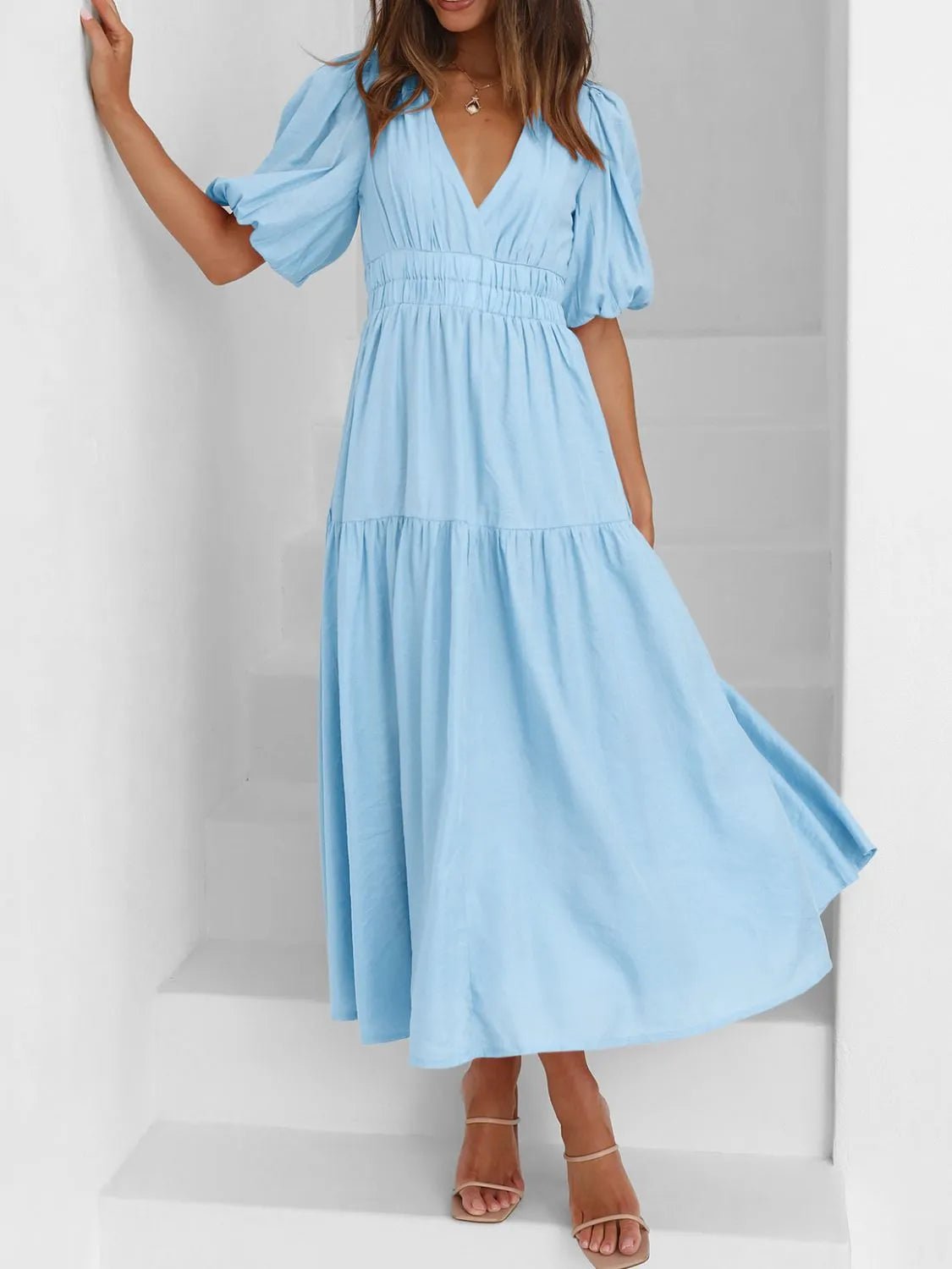 V - Neck Puff Sleeve Midi Dress - Ramm Clothing Ink