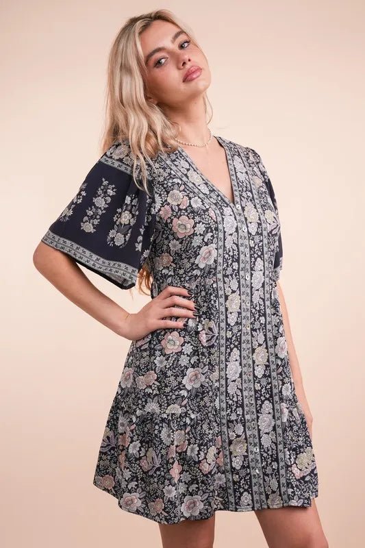 VERY J Shirring Detail Printed Woven Mini Dress - Ramm Clothing Ink