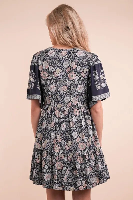 VERY J Shirring Detail Printed Woven Mini Dress - Ramm Clothing Ink