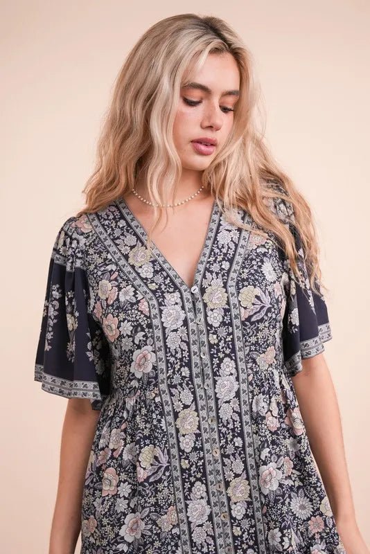 VERY J Shirring Detail Printed Woven Mini Dress - Ramm Clothing Ink