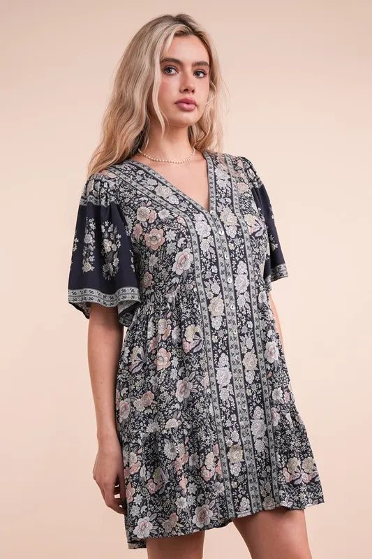 VERY J Shirring Detail Printed Woven Mini Dress - Ramm Clothing Ink