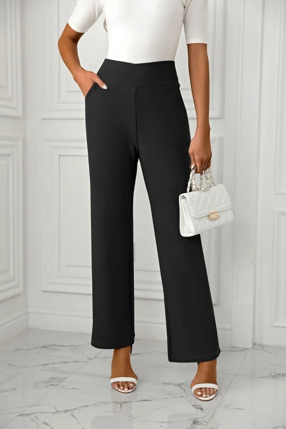 Women's cross casual high waisted straight leg sports stretch long pants - Ramm Clothing Ink