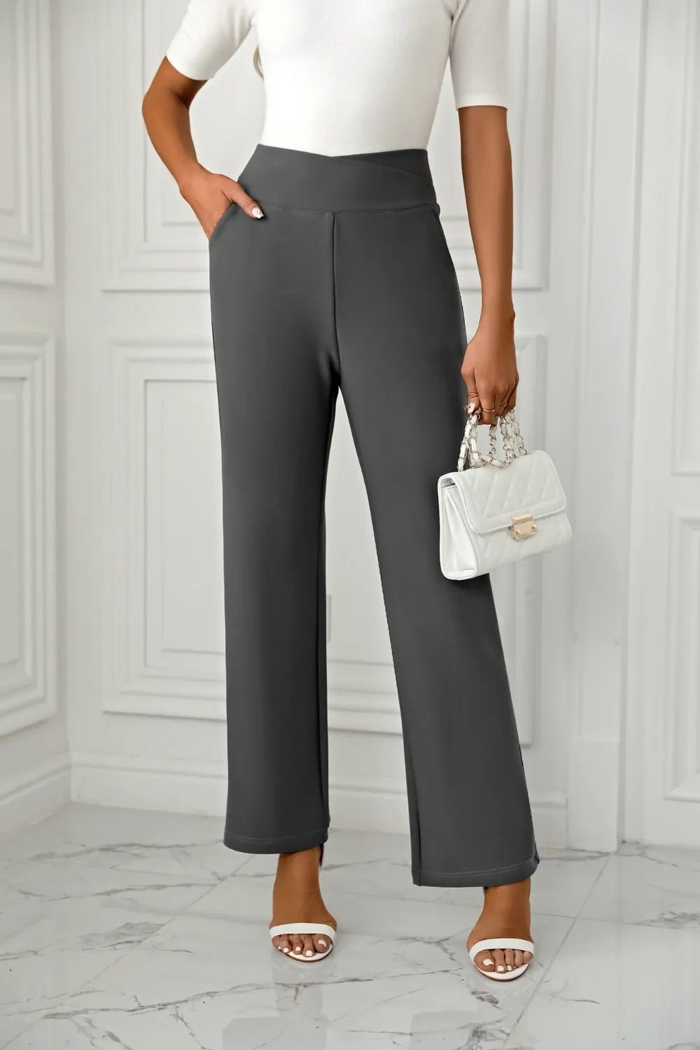 Women's cross casual high waisted straight leg sports stretch long pants - Ramm Clothing Ink