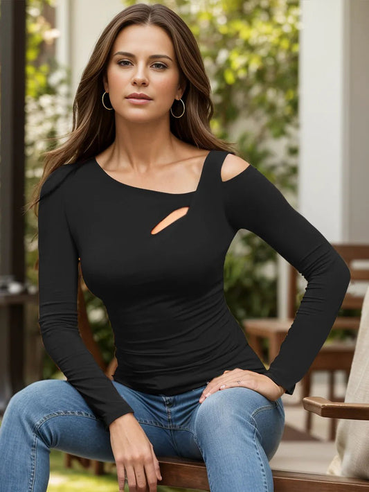 Cutout Asymmetrical Neck Long Sleeve T-Shirt - Ramm Clothing Ink