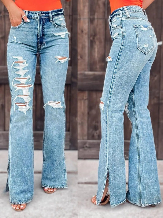 Distressed Slit Bootcut Jeans - Ramm Clothing Ink