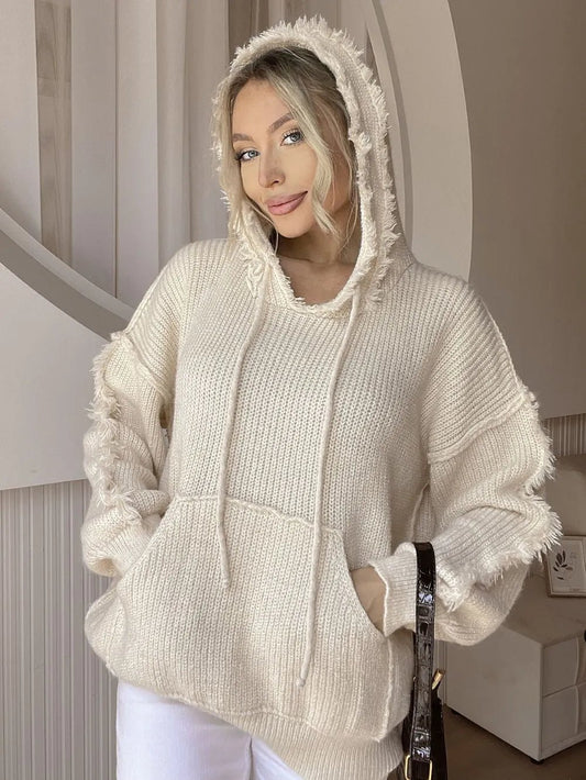 Drawstring Fringe Hem Long Sleeve Hooded Sweater - Ramm Clothing Ink