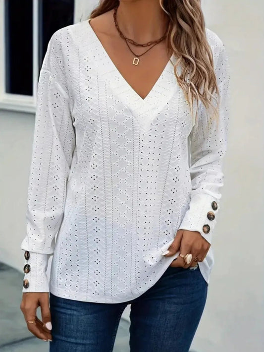 Eyelet V - Neck Long Sleeve Blouse - Ramm Clothing Ink