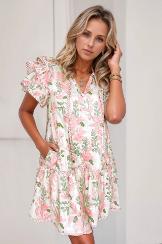 Floral Contrast Edge Layered Short Sleeve Mini Dress - Ramm Clothing Ink