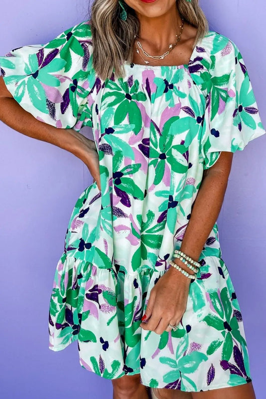 Floral Print Shirred Square Neck Loose Fit Mini Dress - Ramm Clothing Ink