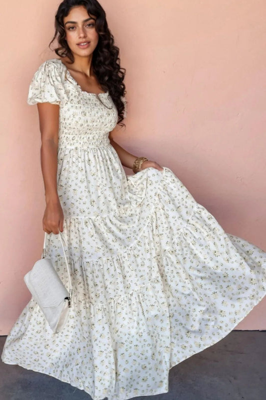 Floral Smocked Short Puff Sleeve Maxi Dress - Ramm Clothing Ink
