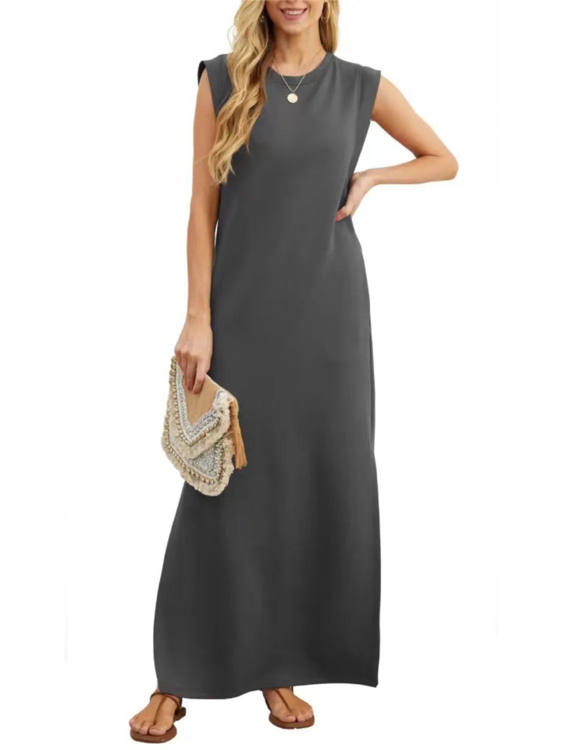 Full Size Slit Round Neck Sleeveless Maxi Tank Dress Plus Size - Ramm Clothing Ink