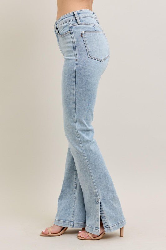 Judy Blue Full Size Tummy Control Vintage Wash Side Slit Slim Boot Jeans Plus Size - Ramm Clothing Ink