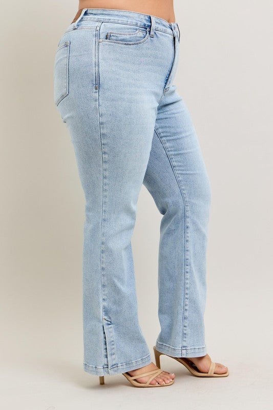 Judy Blue Full Size Tummy Control Vintage Wash Side Slit Slim Boot Jeans Plus Size - Ramm Clothing Ink