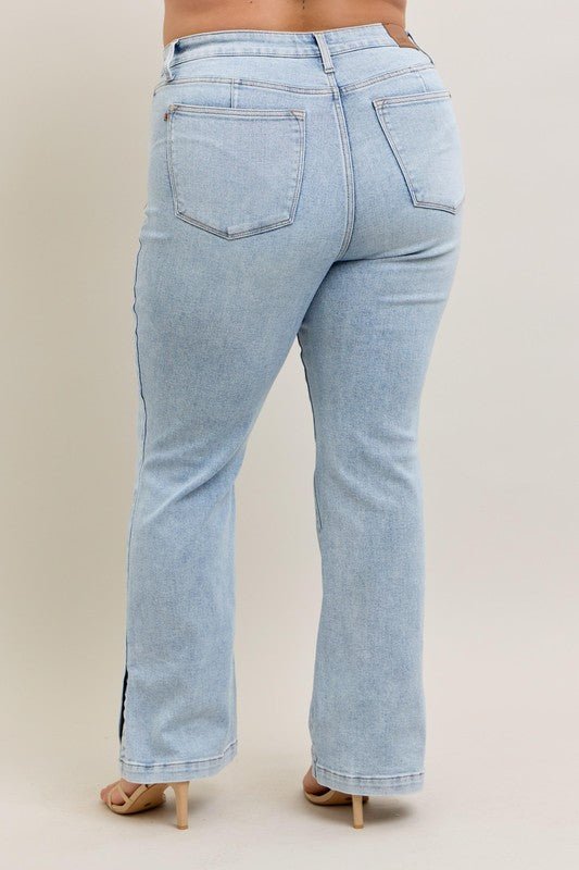 Judy Blue Full Size Tummy Control Vintage Wash Side Slit Slim Boot Jeans Plus Size - Ramm Clothing Ink