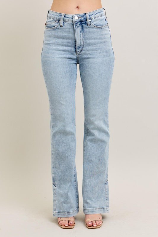 Judy Blue Full Size Tummy Control Vintage Wash Side Slit Slim Boot Jeans Plus Size - Ramm Clothing Ink