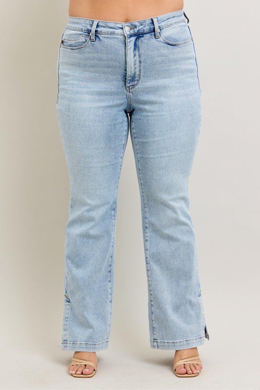 Judy Blue Full Size Tummy Control Vintage Wash Side Slit Slim Boot Jeans Plus Size - Ramm Clothing Ink