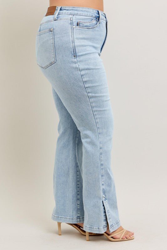 Judy Blue Full Size Tummy Control Vintage Wash Side Slit Slim Boot Jeans Plus Size - Ramm Clothing Ink