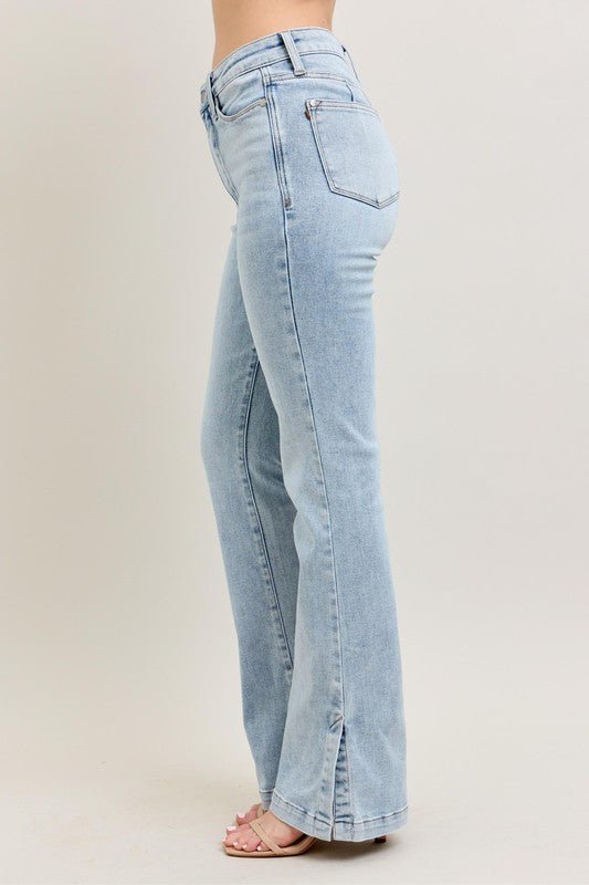 Judy Blue Full Size Tummy Control Vintage Wash Side Slit Slim Boot Jeans Plus Size - Ramm Clothing Ink