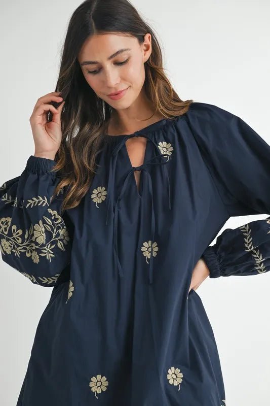 MABLE Embroidered Long Sleeve Peasant Mini Dress - Ramm Clothing Ink
