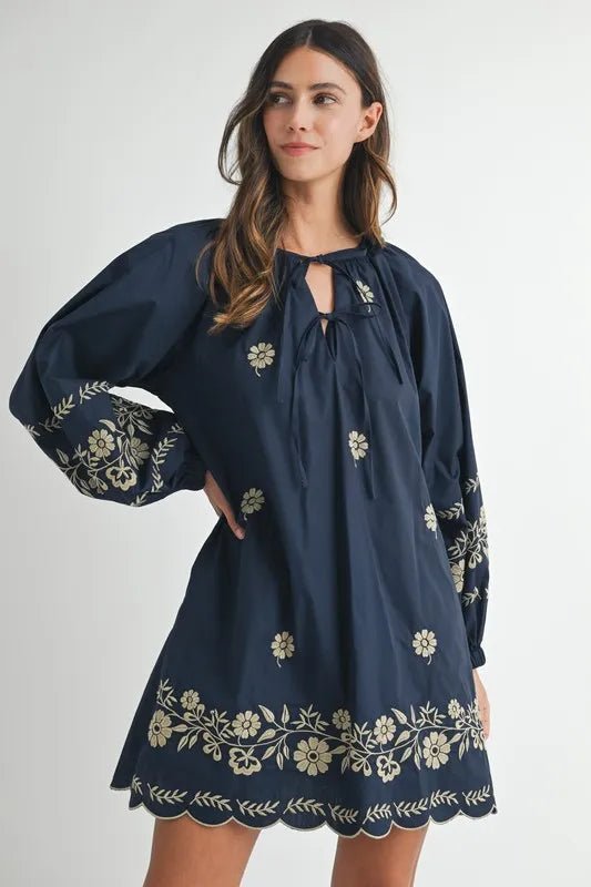 MABLE Embroidered Long Sleeve Peasant Mini Dress - Ramm Clothing Ink
