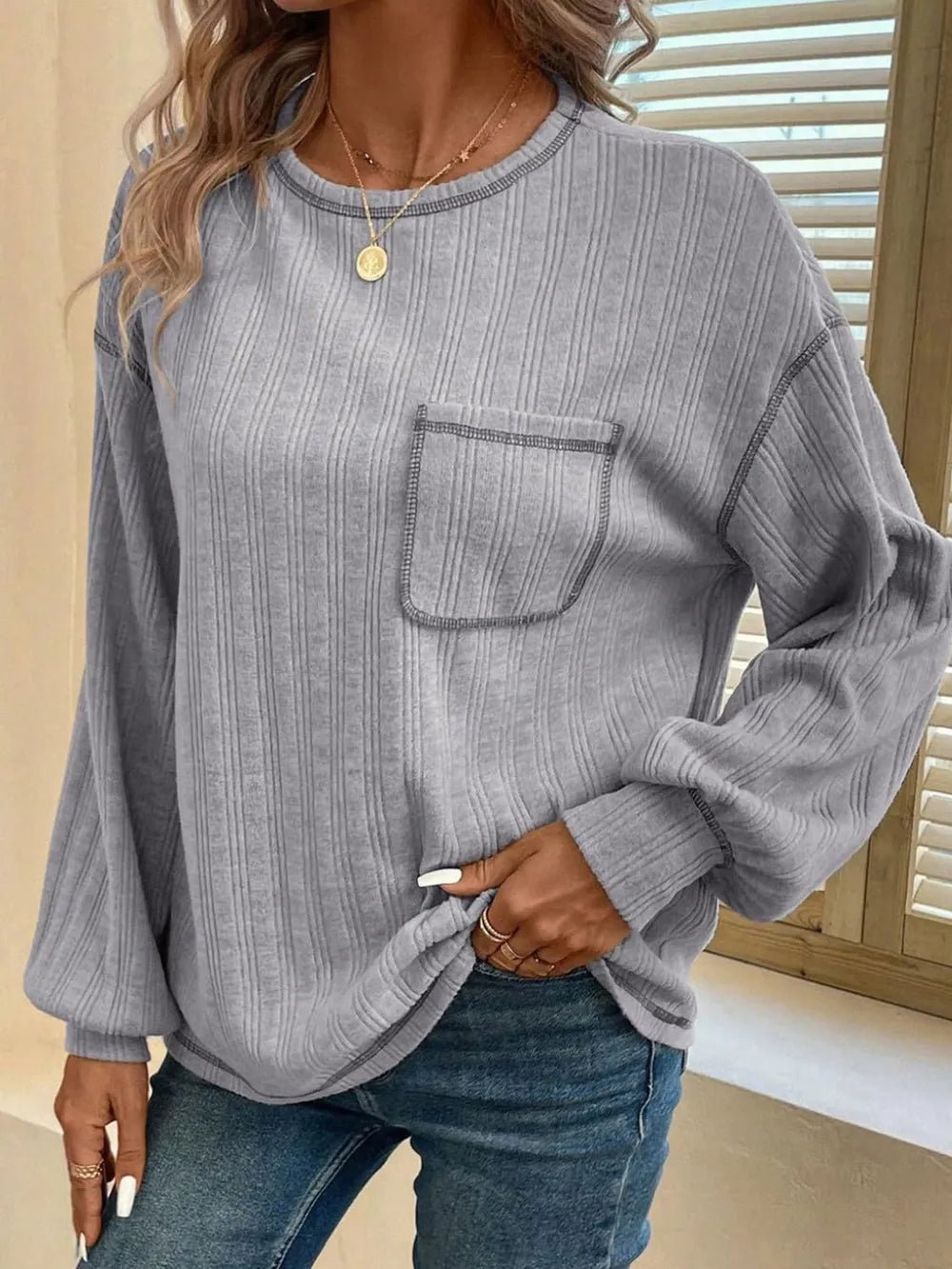 Mandy Contrast Stitching Round Neck Long Sleeve T-Shirt - Ramm Clothing Ink