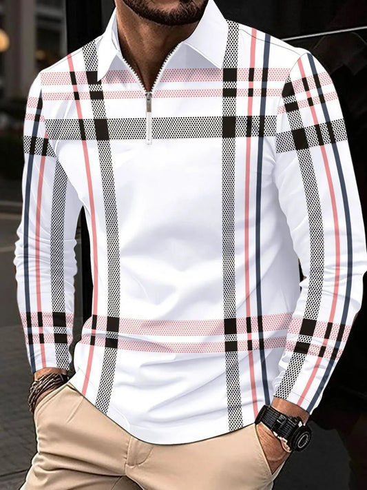 Men's Full Size Plaid Zip Collar Long Sleeve Polo Plus Size - Ramm Clothing Ink
