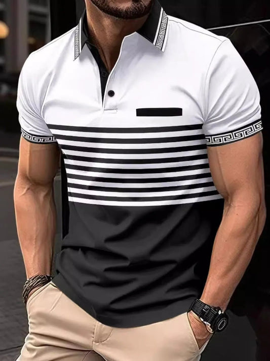 Men's Full Size Striped Collared Neck Short Sleeve Polo Plus Size - Ramm Clothing Ink