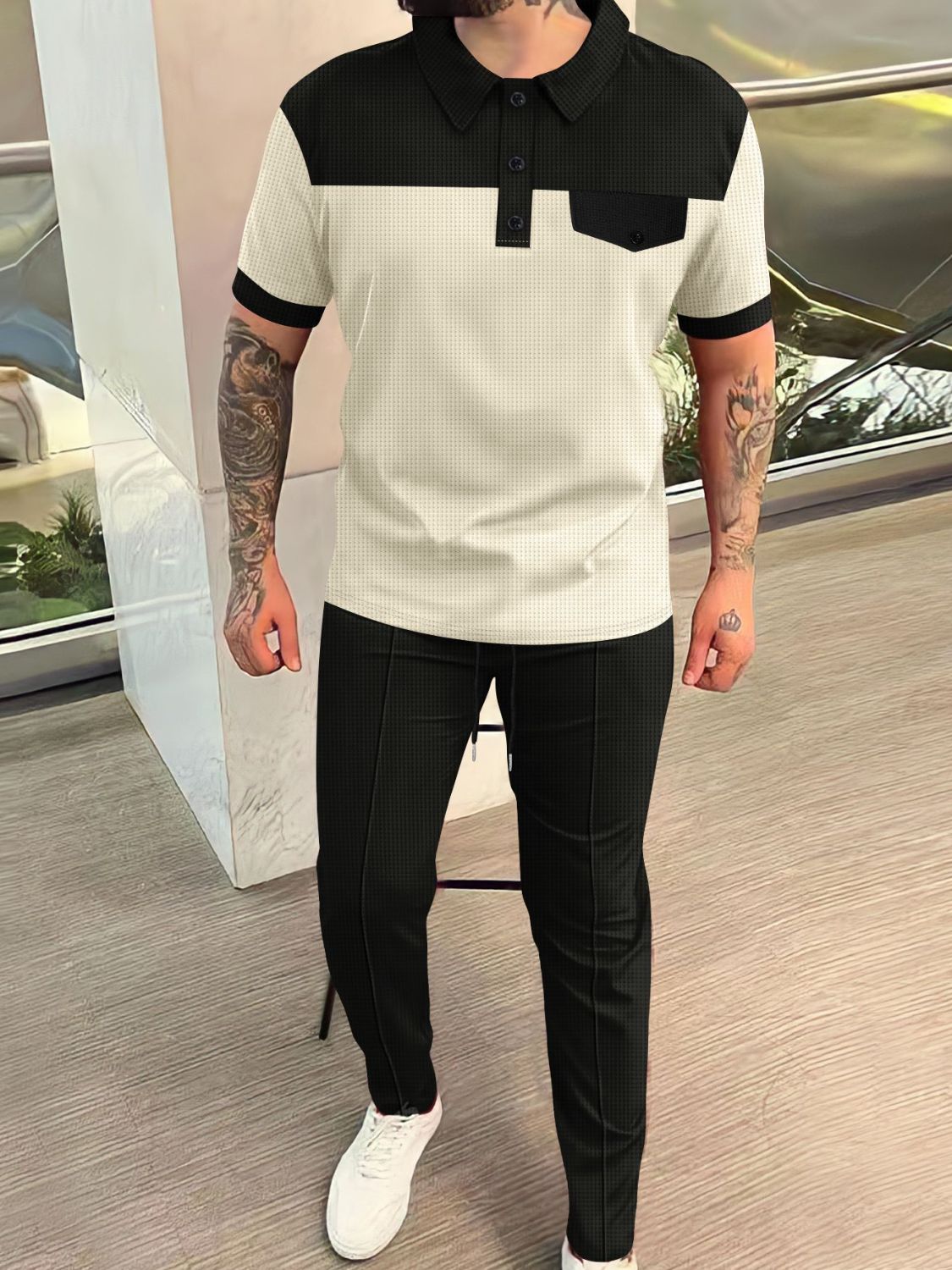 Men‘s Full Size Waffle - Knit Contrast Top and Pants Set Plus Size - Ramm Clothing Ink
