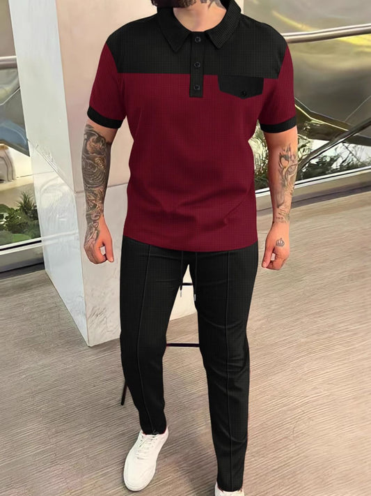 Men‘s Full Size Waffle - Knit Contrast Top and Pants Set Plus Size - Ramm Clothing Ink