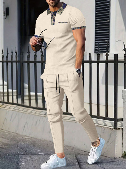 Men's Full Size Waffle Knit Short Sleeve Polo and Pants Set Plus Size - Ramm Clothing Ink