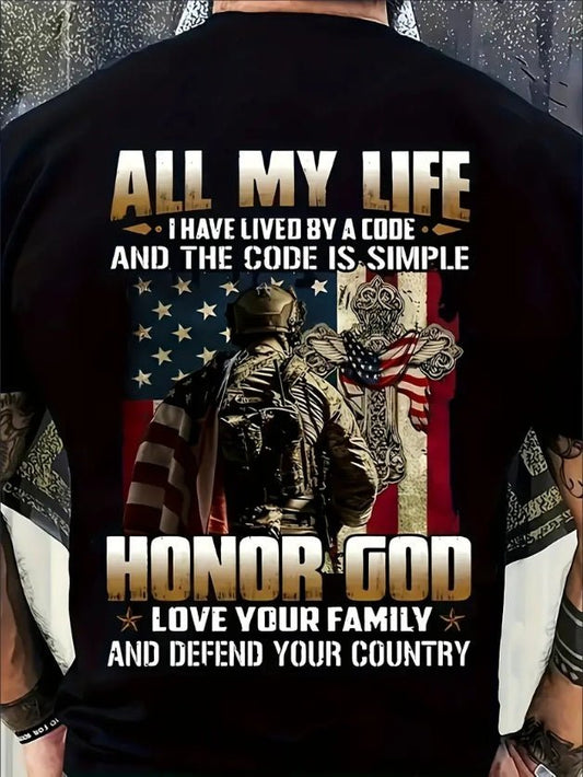 Men'S Patriotic Cycling T-Shirt, Crew Neck Short Sleeve Tee With American Flag & Soldier Print, Casual All - Season Knit Top - Ramm Clothing Ink