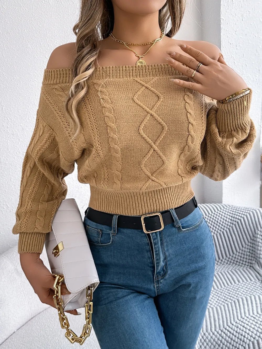 Off - Shoulder Long Sleeve Sweater - Ramm Clothing Ink