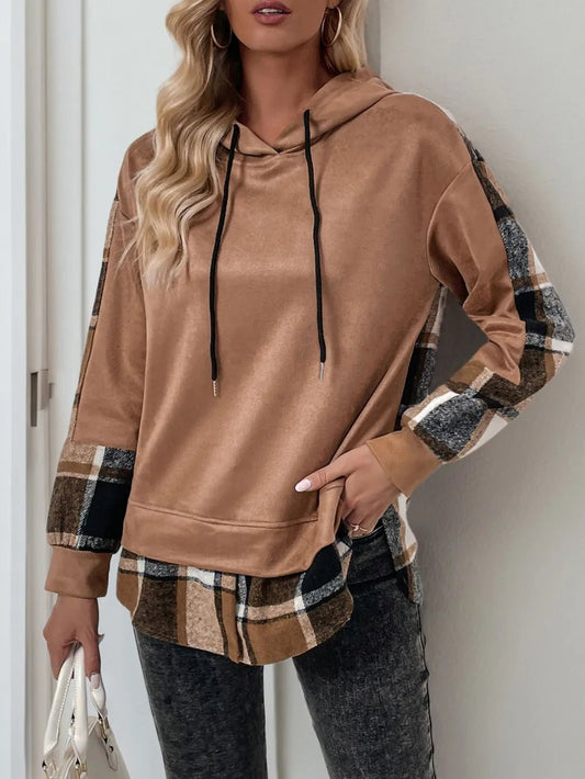 Perfee Drawstring Slit Plaid Long Sleeve Hoodie - Ramm Clothing Ink