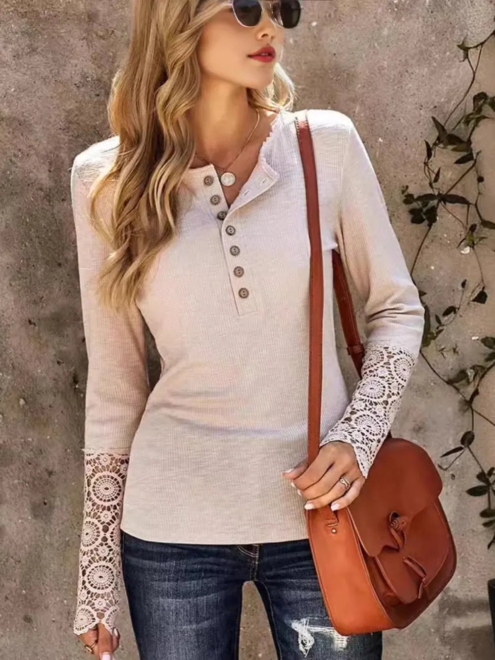 Round neck patchwork lace sleeves loose solid color long sleeved T-shirt - Ramm Clothing Ink