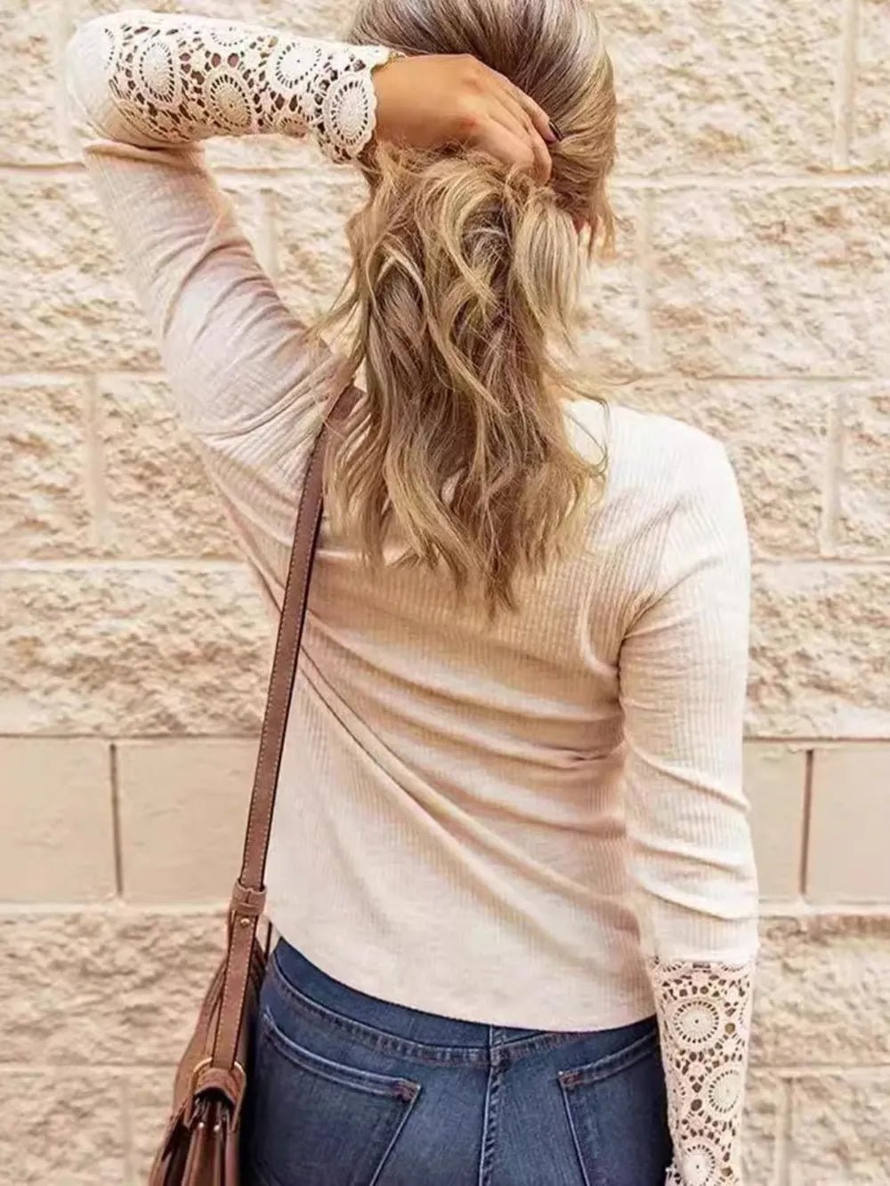 Round neck patchwork lace sleeves loose solid color long sleeved T-shirt - Ramm Clothing Ink