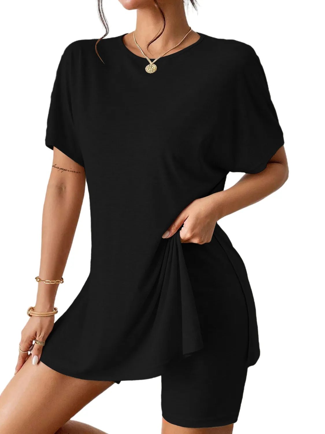 Slit Round Neck Short Sleeve Oversized Top and Shorts Set - Ramm Clothing Ink
