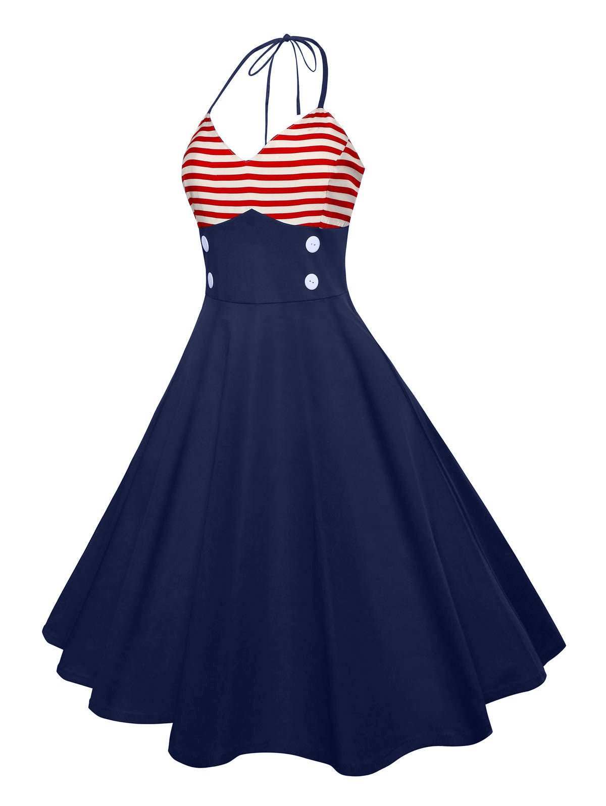 Striped Patchwork Neck Print Vintage Dress American Flag Print - Ramm Clothing Ink