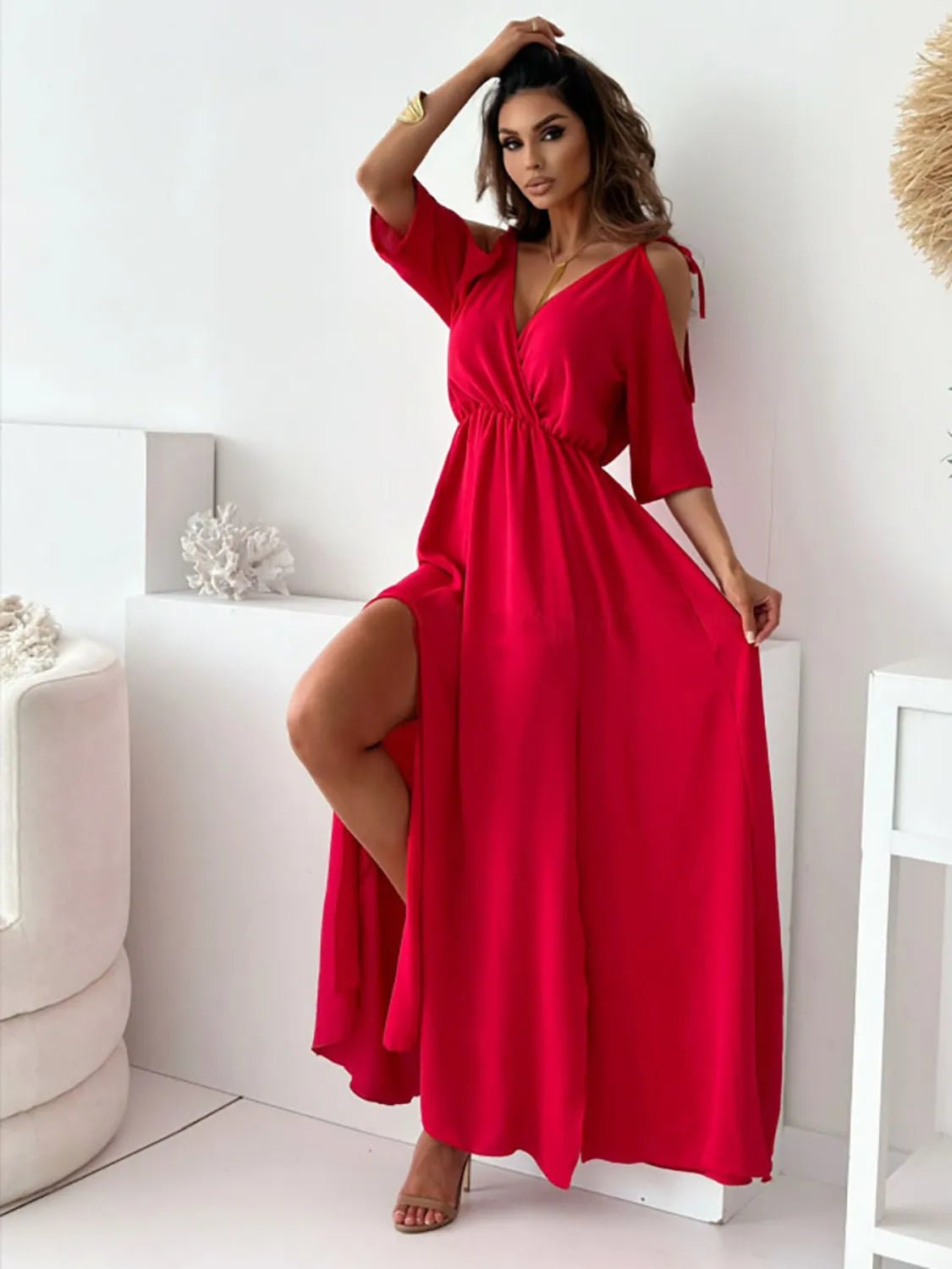 Tied Shoulder Slit Maxi Dress - Ramm Clothing Ink