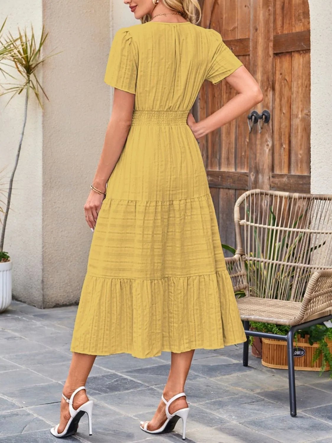 Tiered Notched Short Sleeve Dress - Ramm Clothing Ink