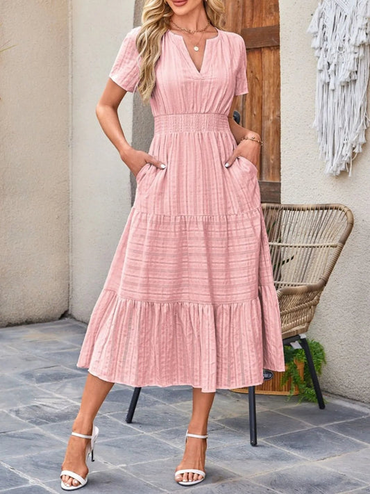 Tiered Notched Short Sleeve Dress - Ramm Clothing Ink