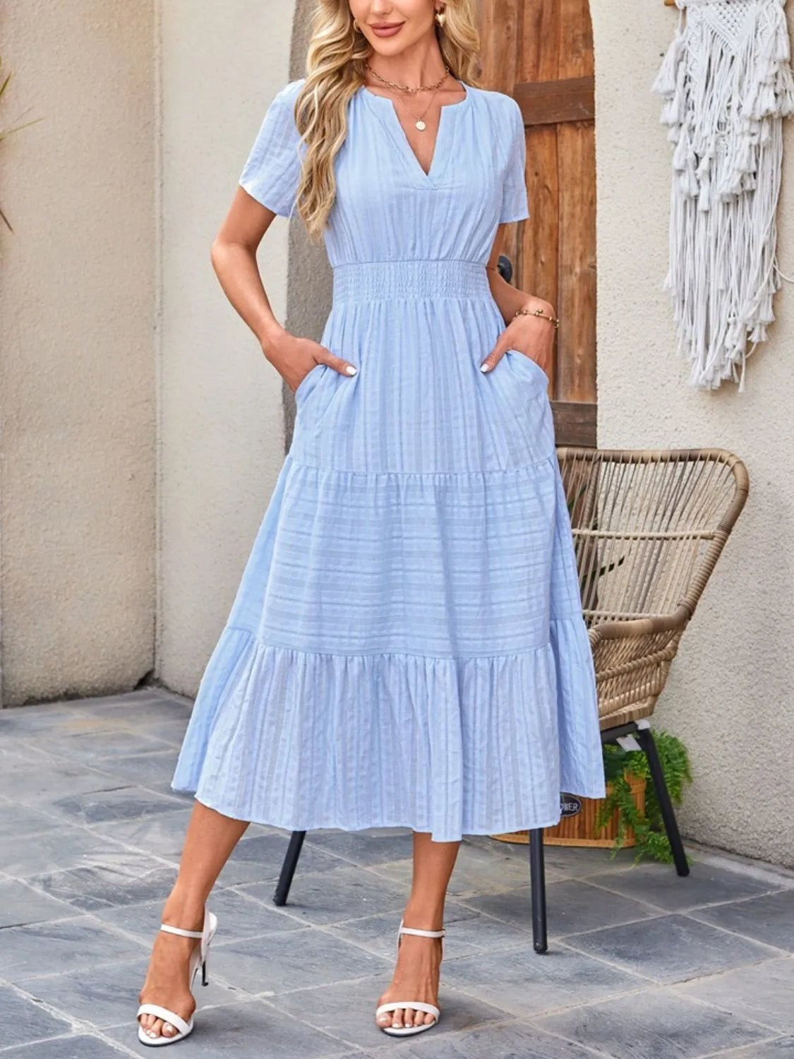 Tiered Notched Short Sleeve Dress - Ramm Clothing Ink