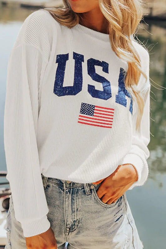 US Flag Corded Long Sleeve Sweatshirt - Ramm Clothing Ink