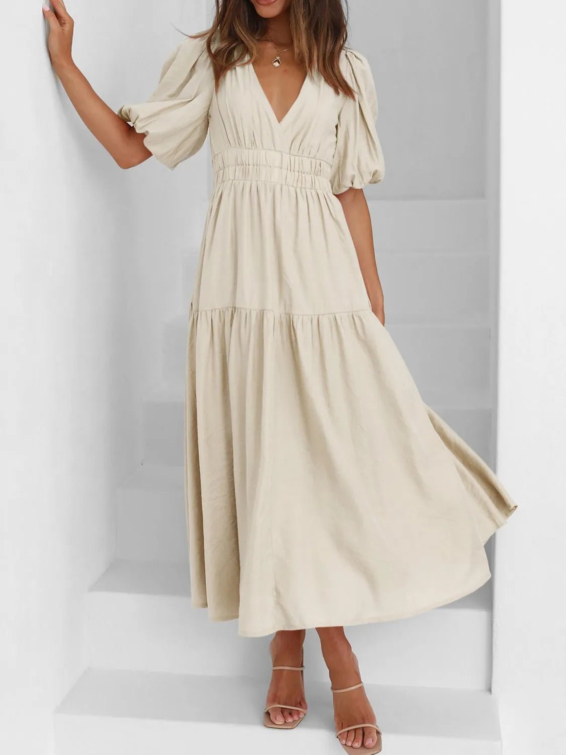 V - Neck Puff Sleeve Midi Dress - Ramm Clothing Ink