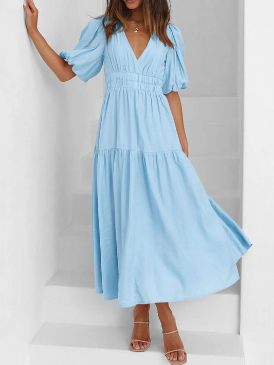 V - Neck Puff Sleeve Midi Dress - Ramm Clothing Ink