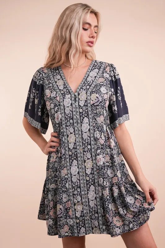 VERY J Shirring Detail Printed Woven Mini Dress - Ramm Clothing Ink