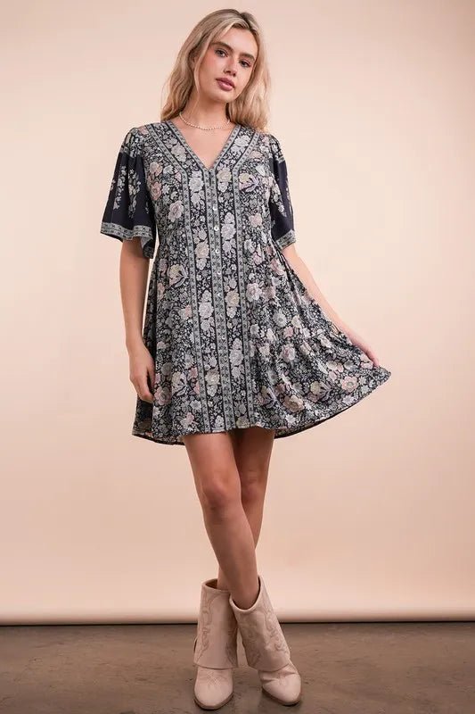 VERY J Shirring Detail Printed Woven Mini Dress - Ramm Clothing Ink